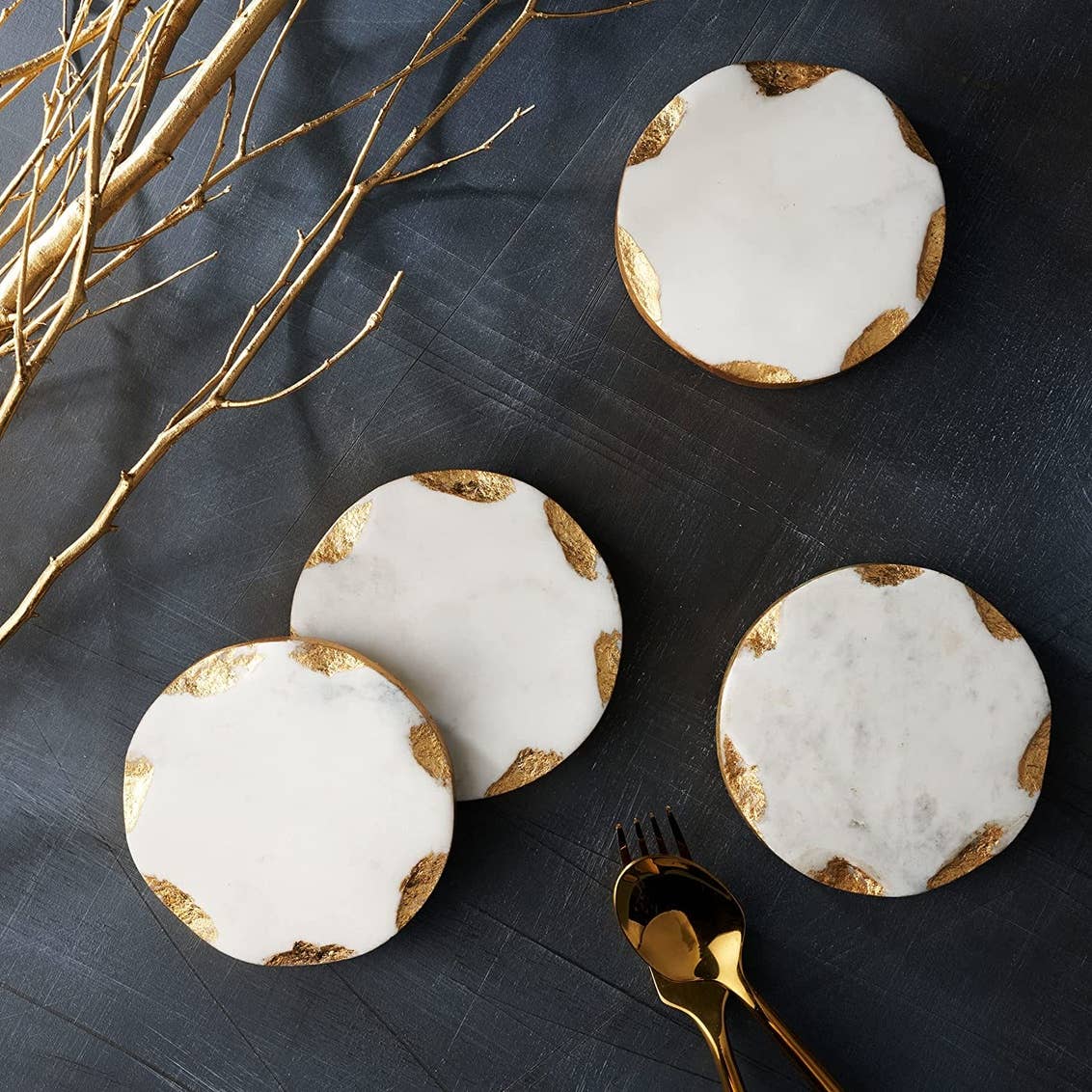 Set of Four Round Marble Coasters Gold Edge