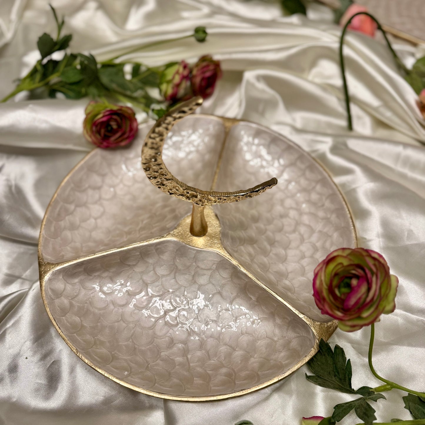 Gold And White Enamelled Crescent 3 Section Round Tray