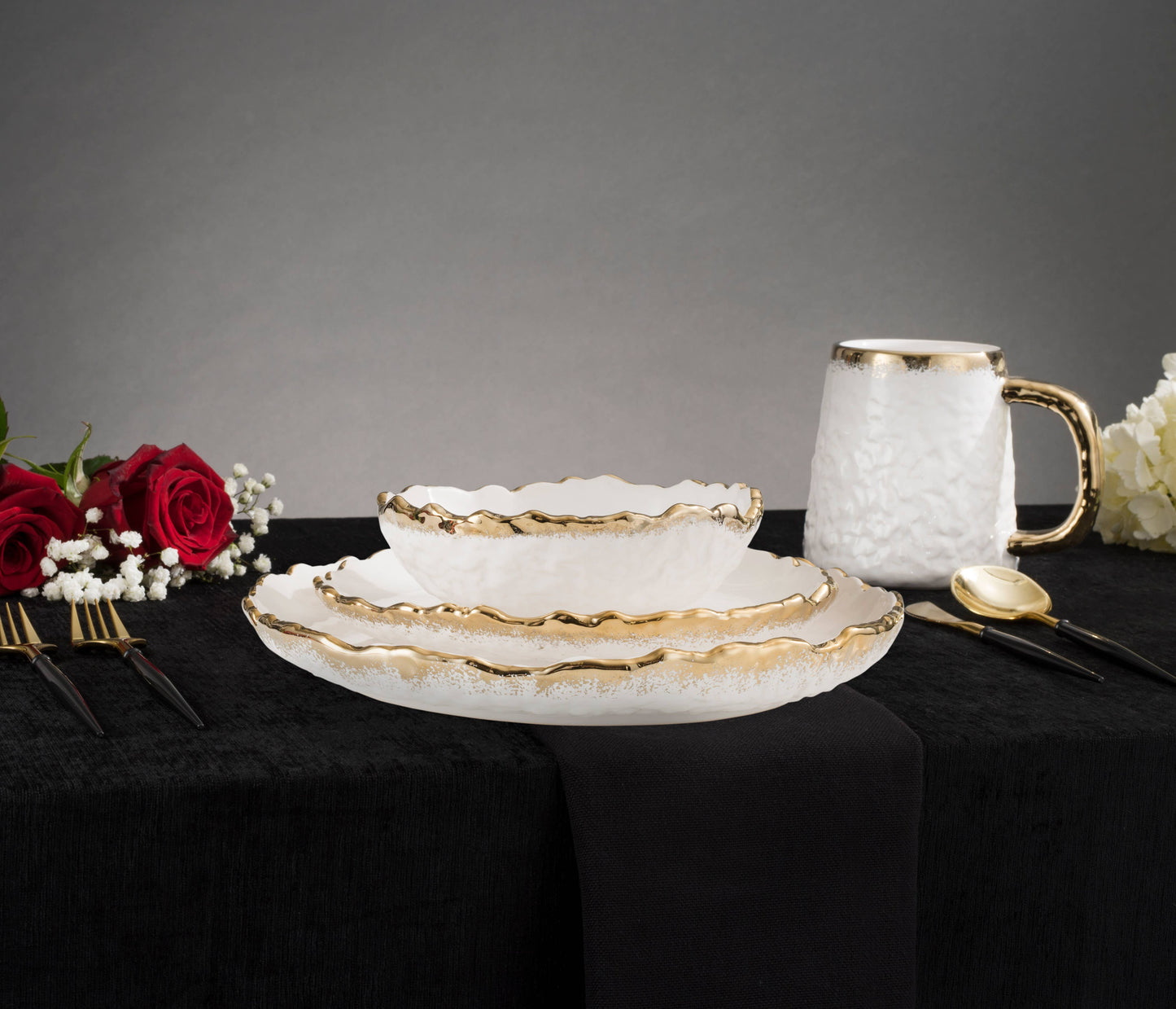 4 Piece White Dinner Set Speckled Gold Design (For 1 seating)
