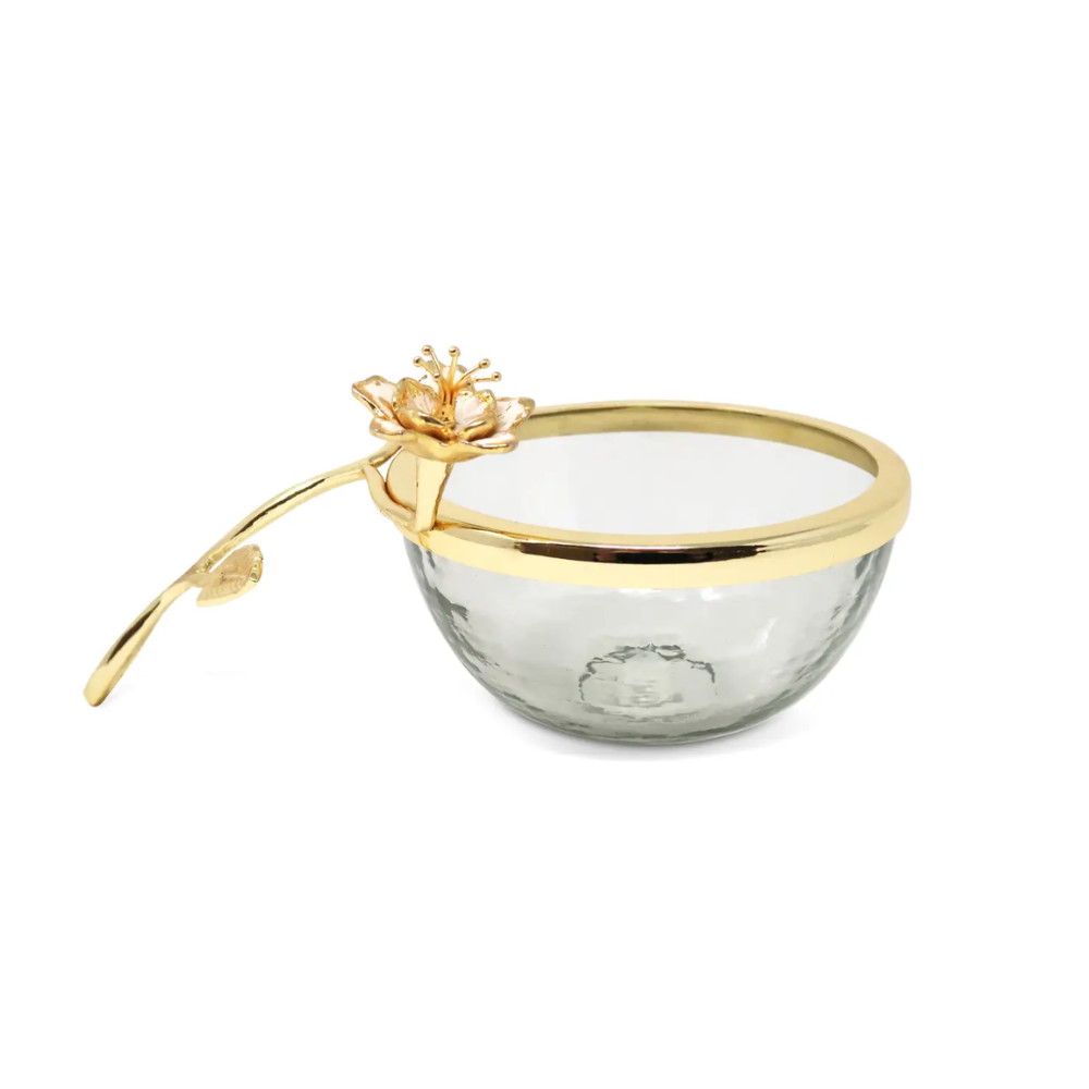 Glass Dish with Gold Enamel Flower Design On Handle