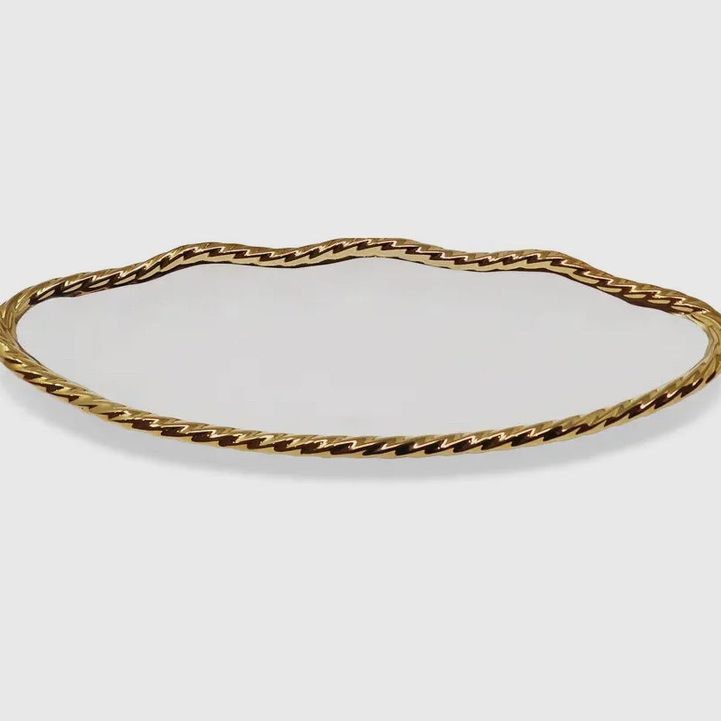White Oval Bowl With Gold Rope Edge