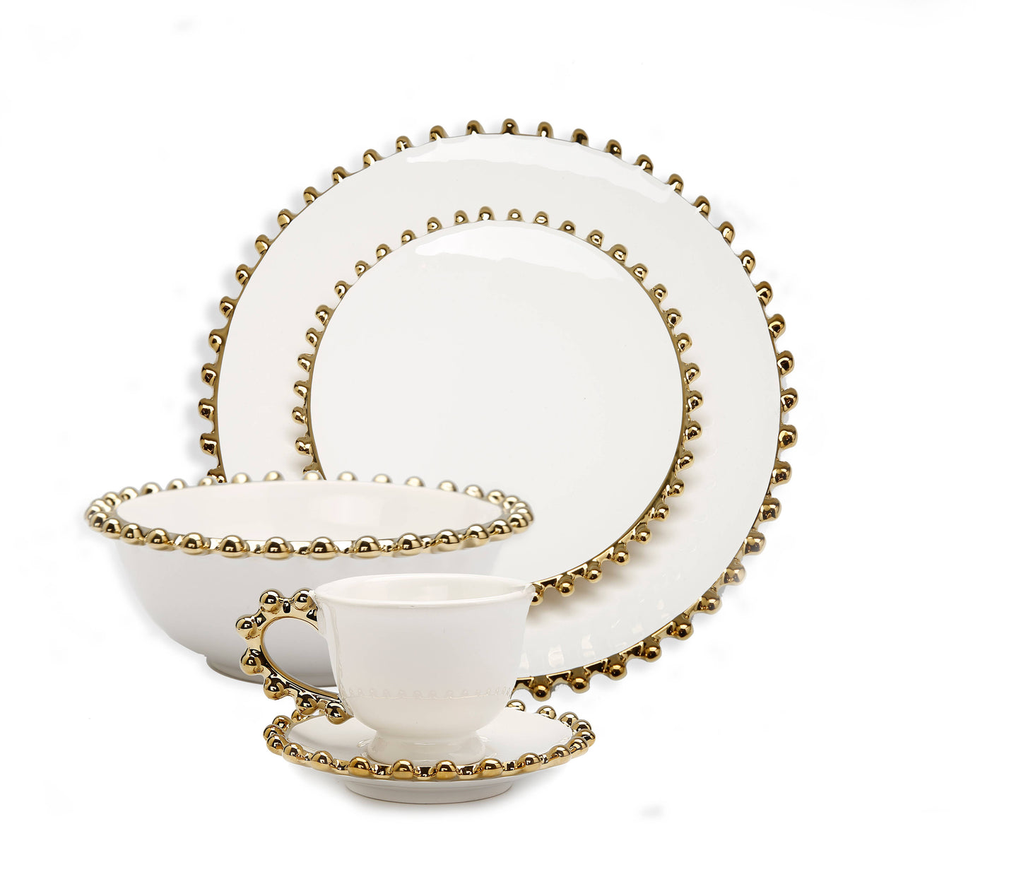 5 Piece White Dinner Set Gold Beaded Border (For 1 seating)
