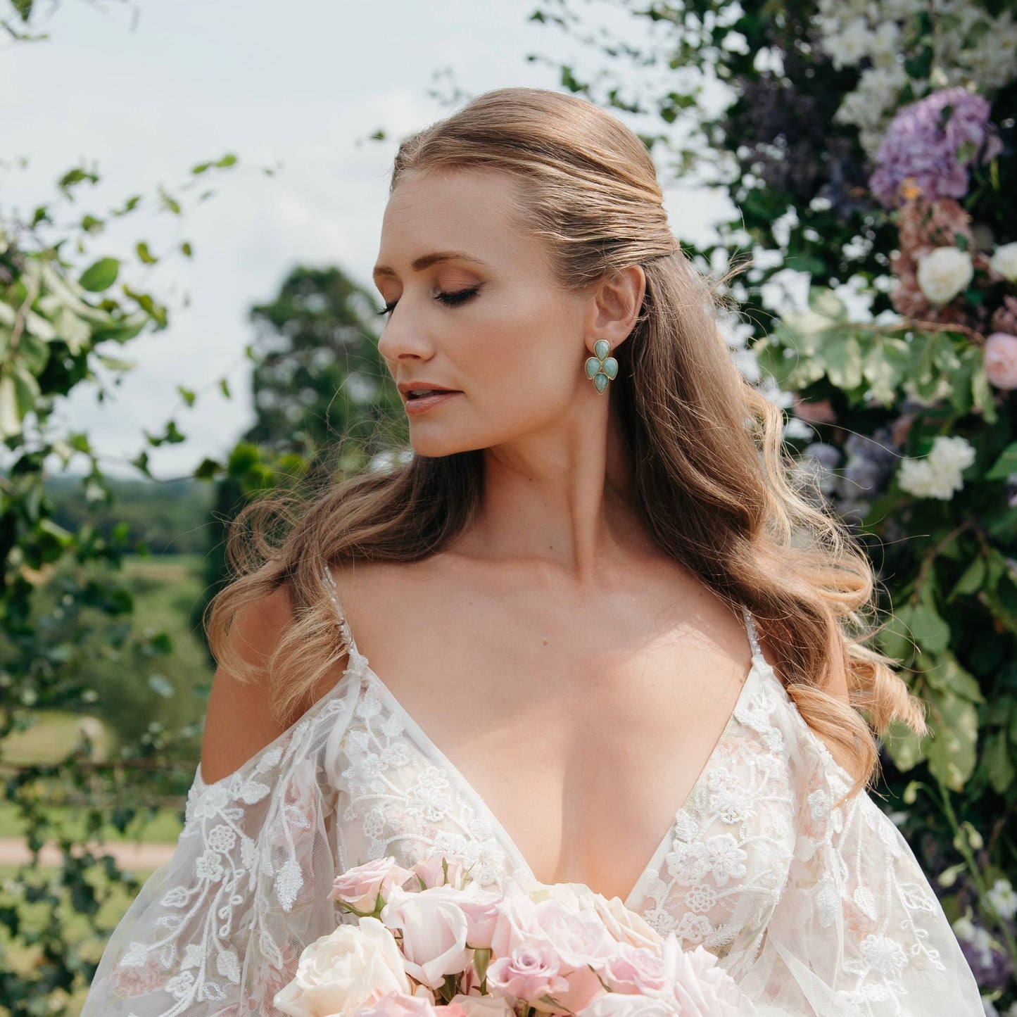 Natural Stone Green Amazonite Leaf Earrings