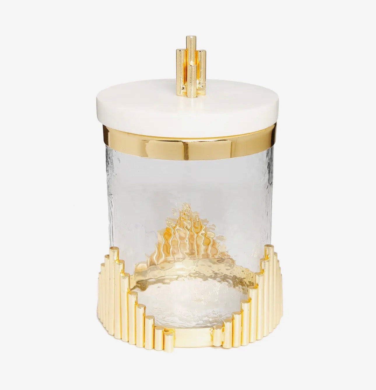 Glass Canister With Marble Lid and Symmetrical Gold Design