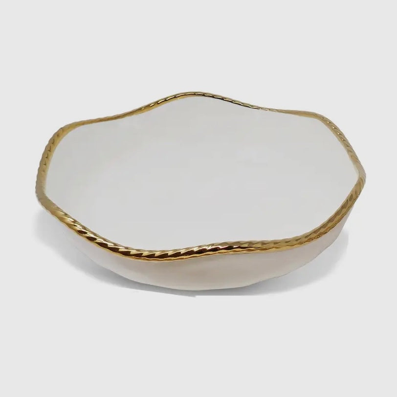 White Salad Bowl With Gold Rope Edge