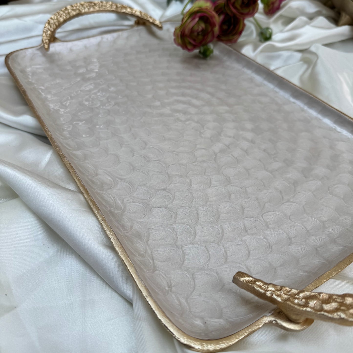 Gold And White Enamelled Crescent Rectangle Tray