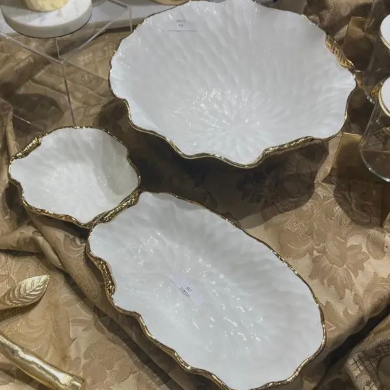 White & Gold Salad Bowl With Gold Scalloped Edge