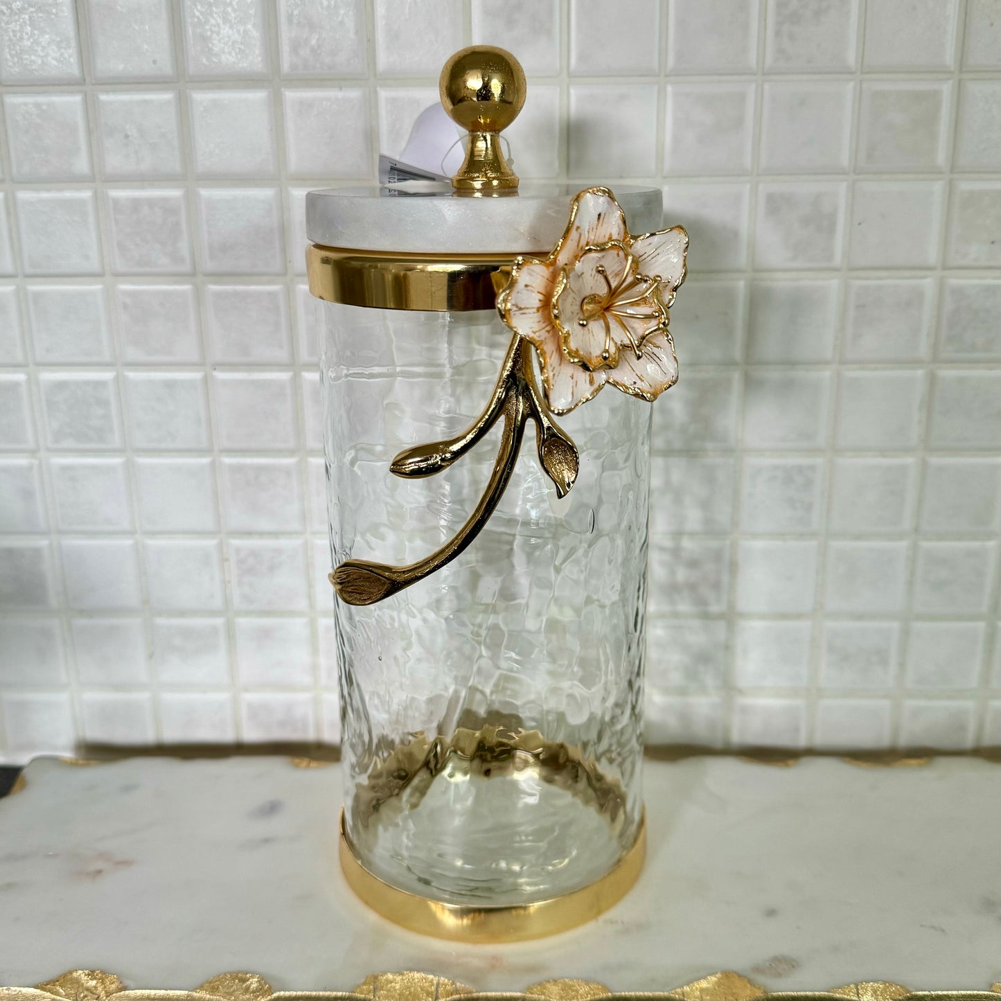 Hammered Glass Canister White Enamel and Gold Leaf Flower