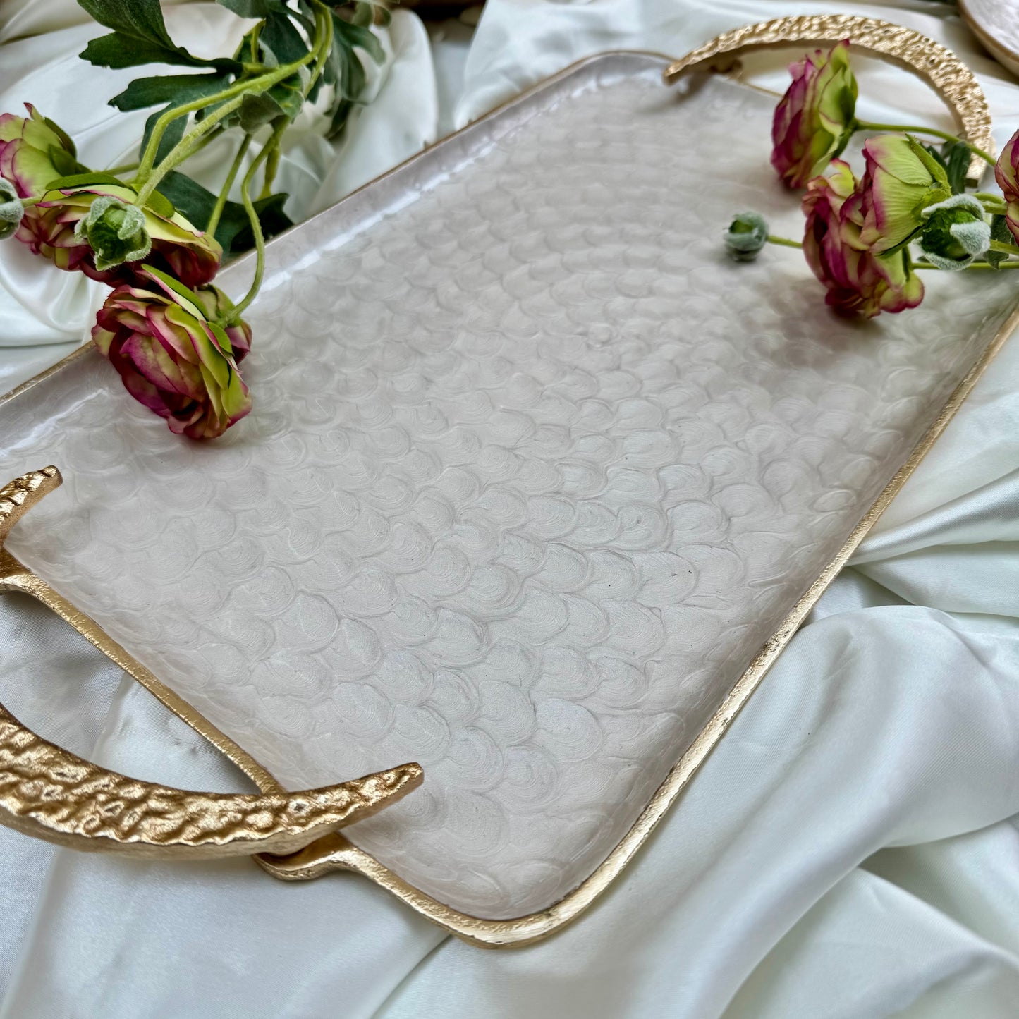 Gold And White Enamelled Crescent Rectangle Tray