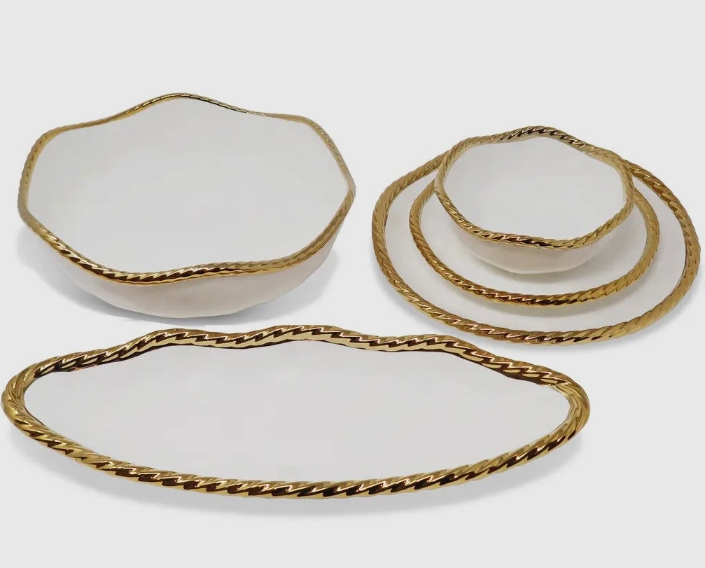 White Oval Bowl With Gold Rope Edge