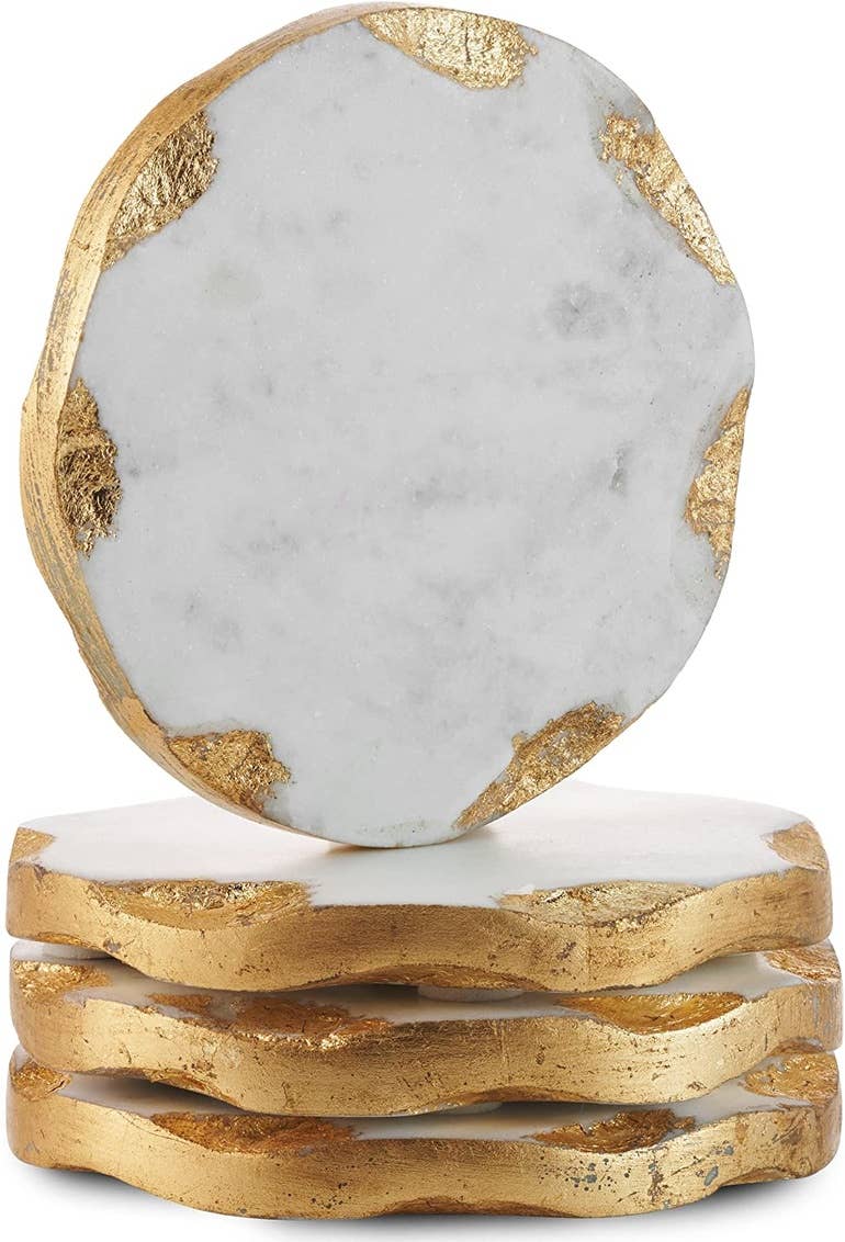 Set of Four Round Marble Coasters Gold Edge