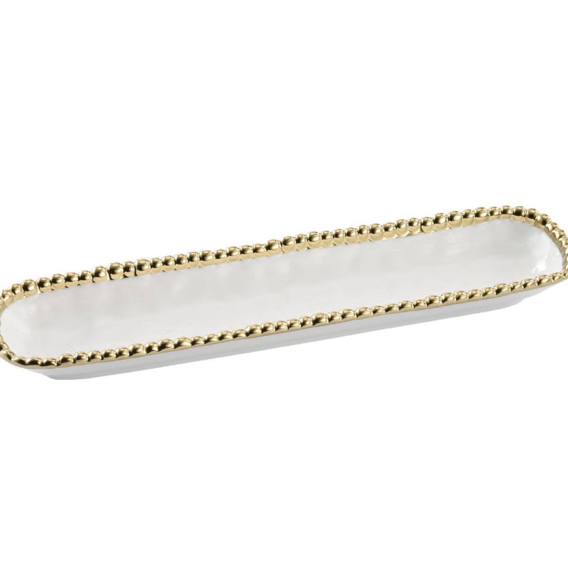 Gold Beaded White Cracker Tray