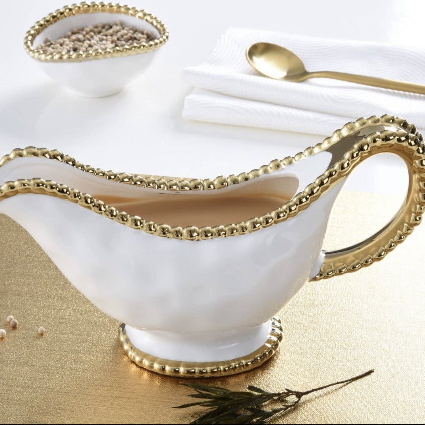 Gold Beaded White Porcelain Gravy Boat