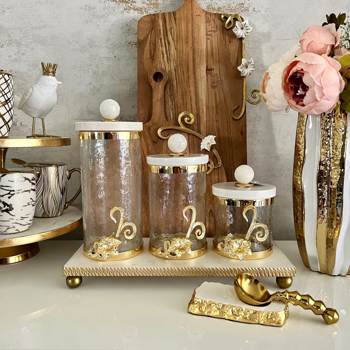 Gold Flower Canister With Marble Lid