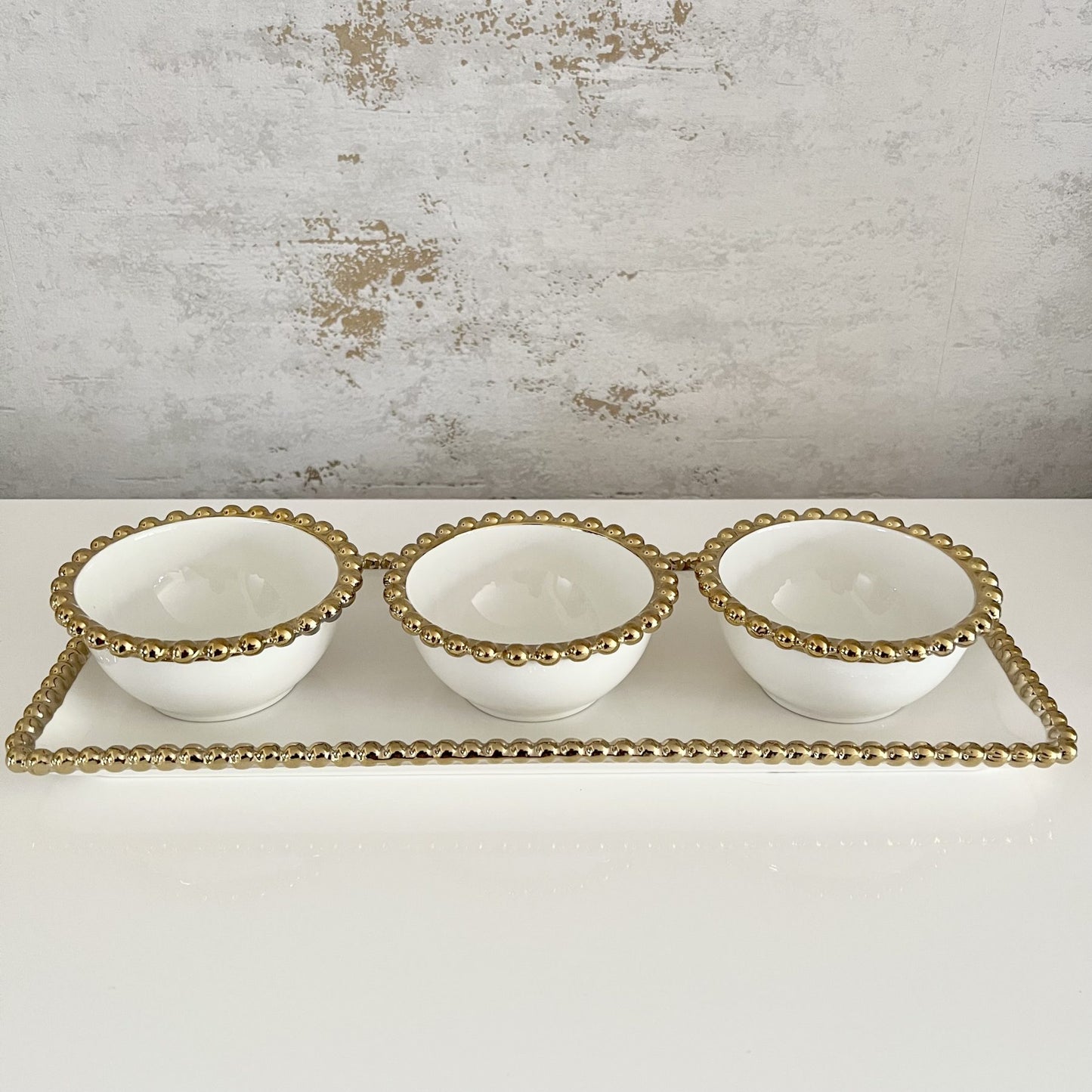 Gold Beaded Tray with Three Bowls