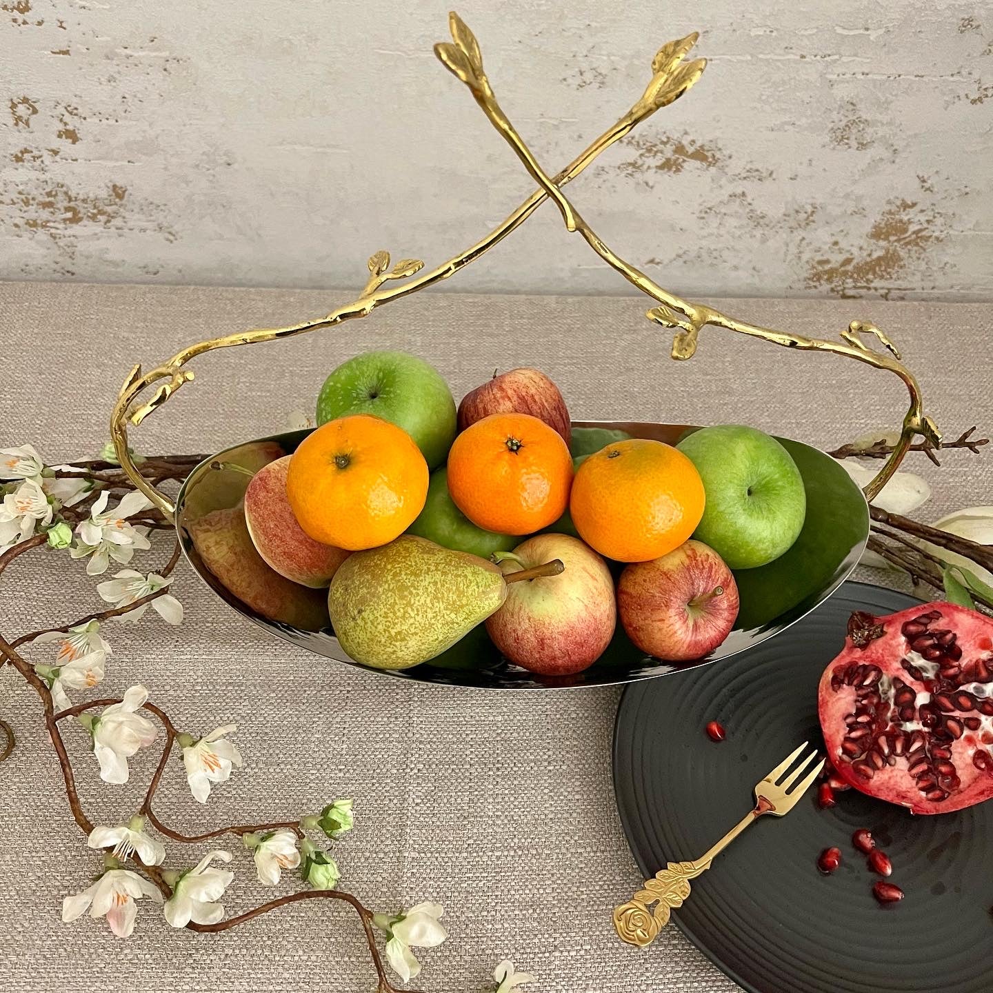 Stainless Steel Basket With Gold Twig Handle