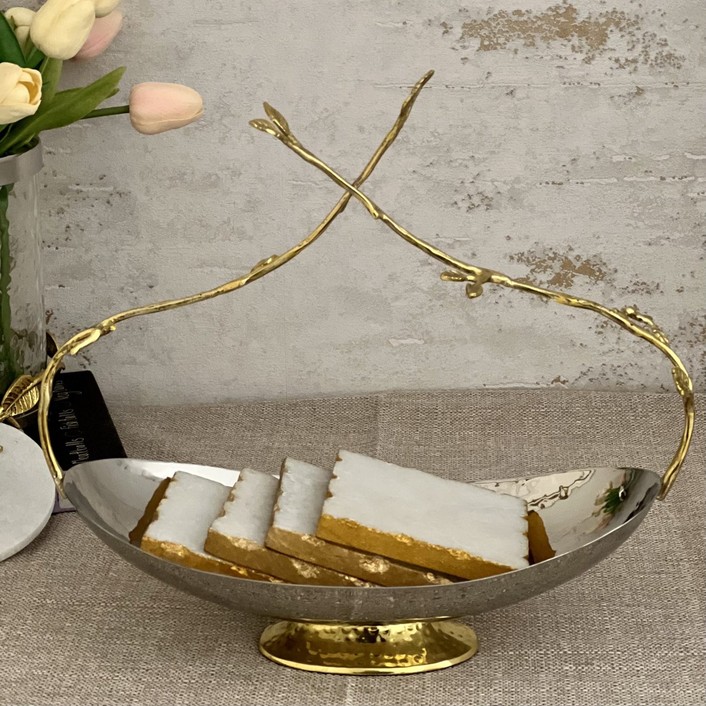 Stainless Steel Basket With Gold Twig Handle