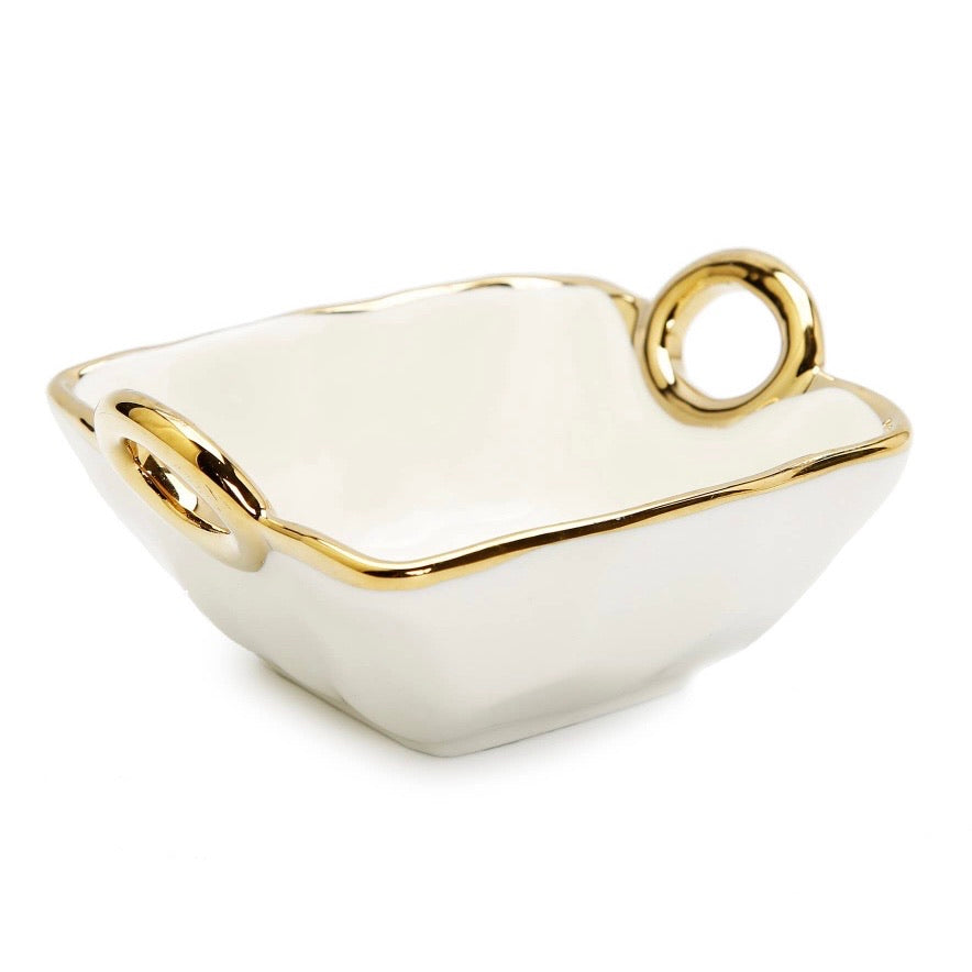 White Porcelain Relish Dish w/3 Bowls Gold Trim and Handle