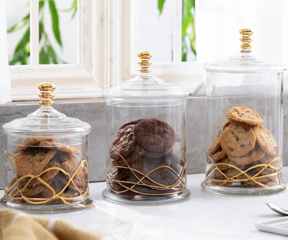 Glass Jar With Gold Swirl Design And Lid