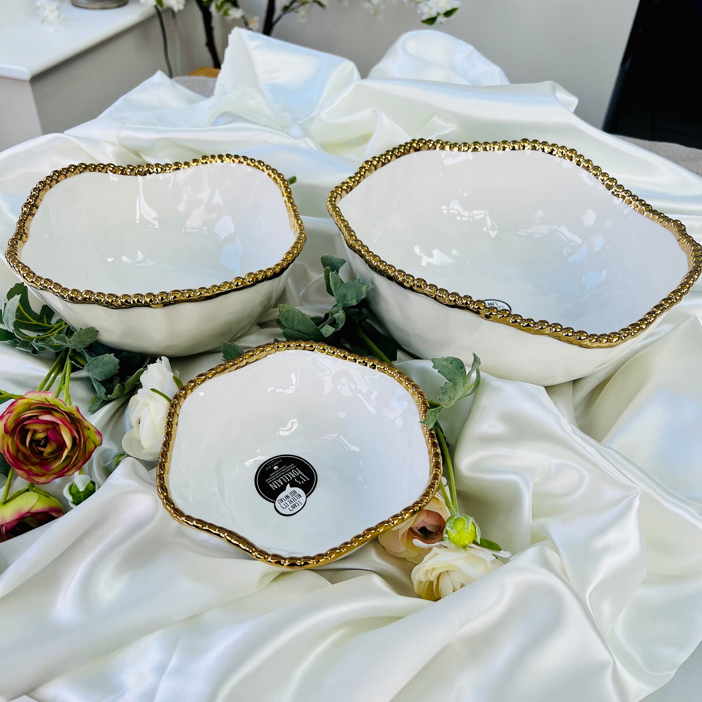 Gold Beaded White Porcelain Salad Bowl