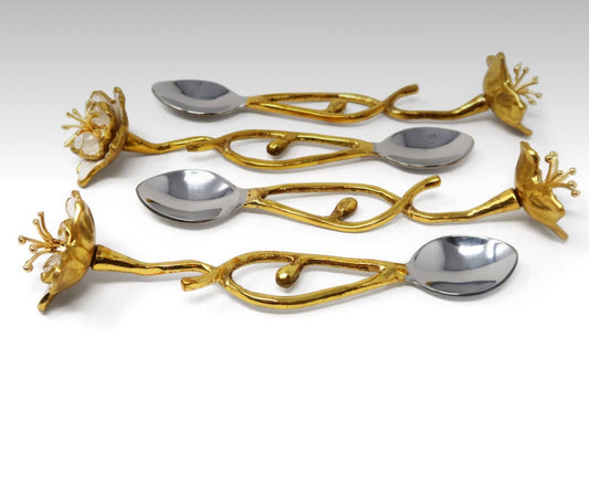 Set of 4 Gold Dessert Spoons with White Enamel Flowers