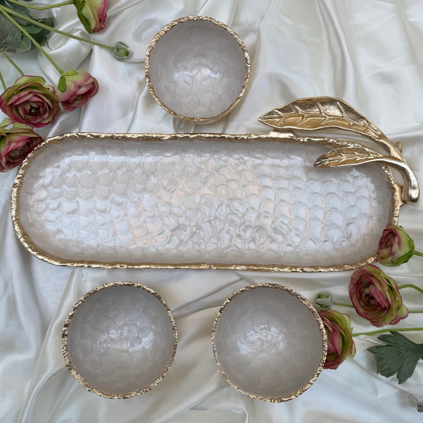 Gold And White Enamelled Tray With Three Bowl