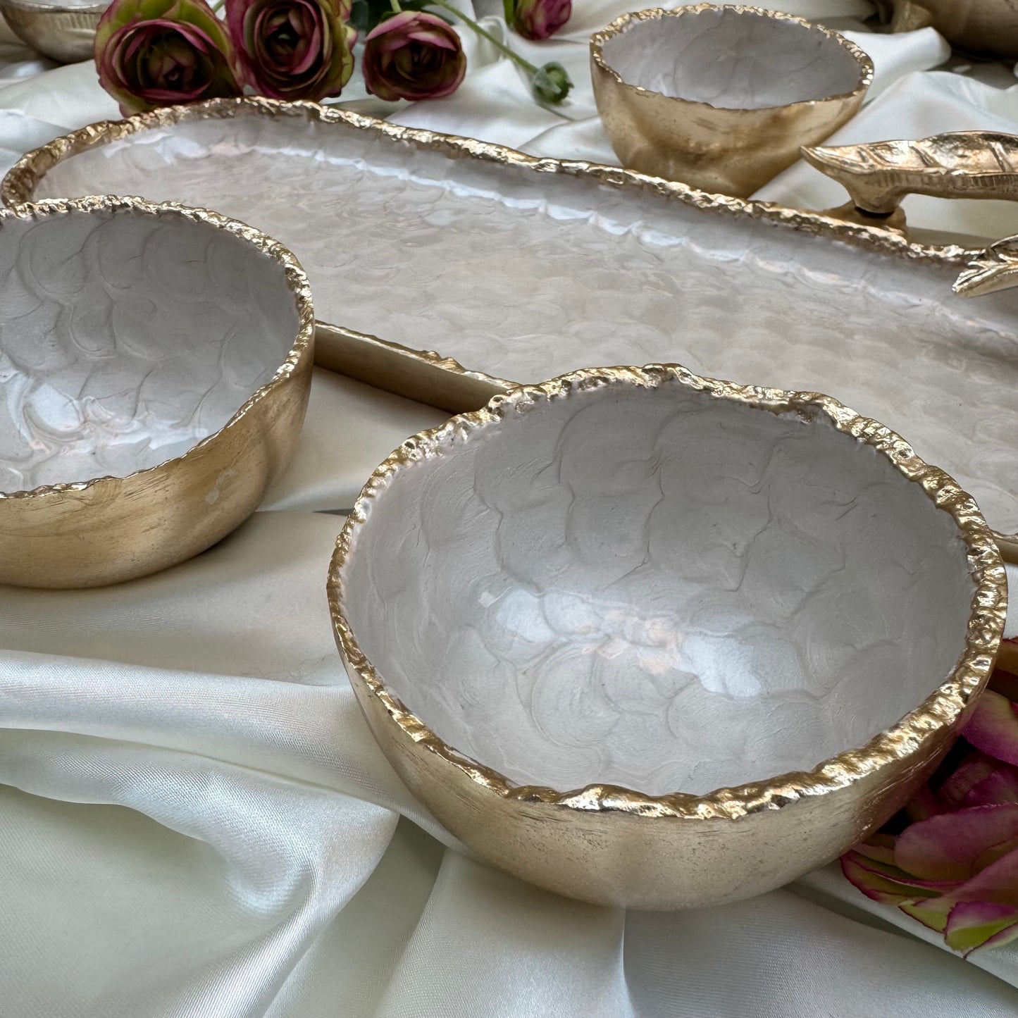 Gold And White Enamelled Tray With Three Bowl