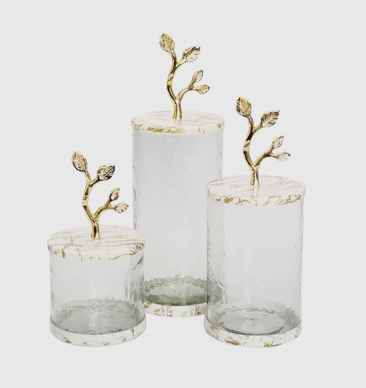 Glass Canister With White/Gold Marble Lid And Leaf Handle