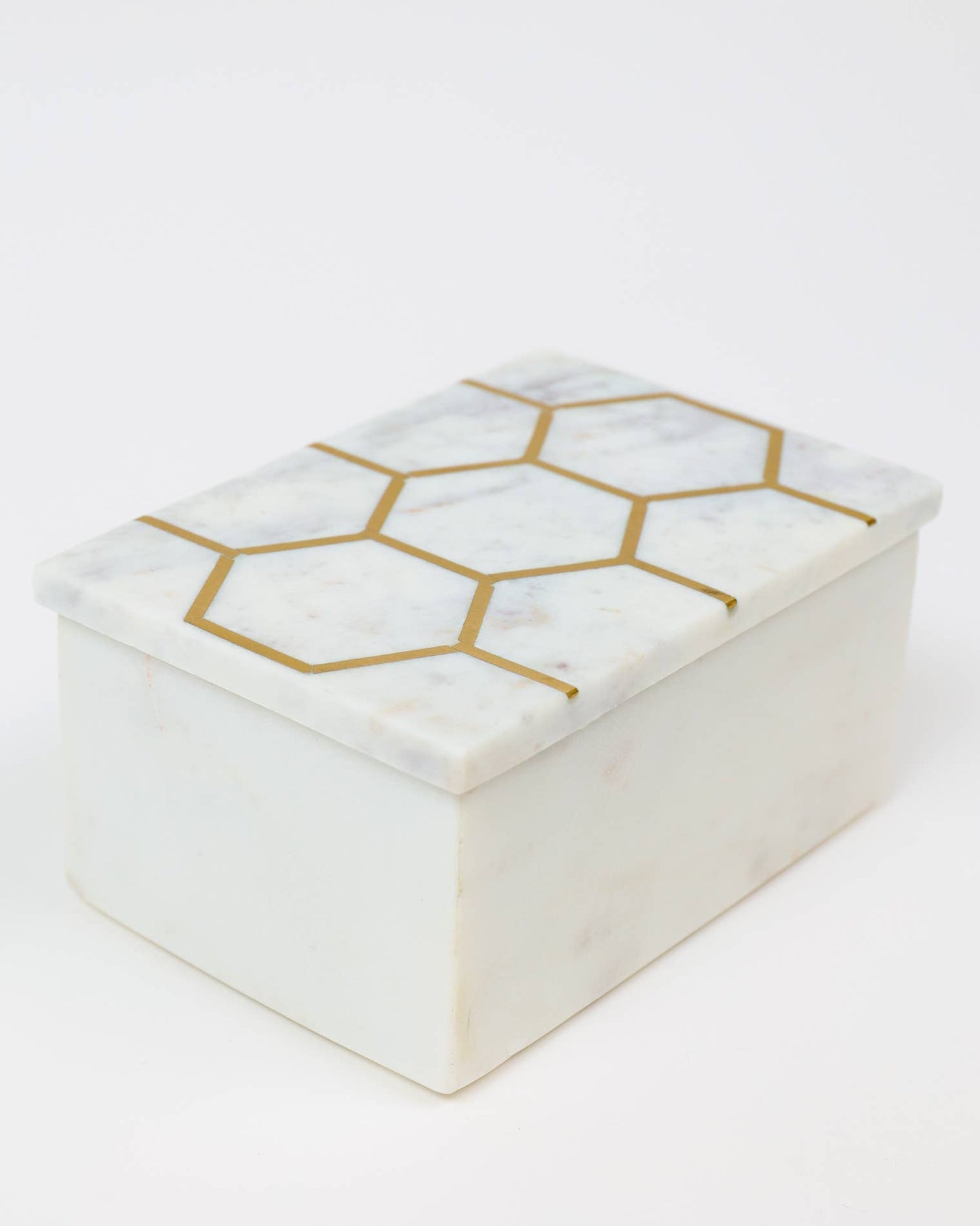 White Marble Decorative Box w/ Gold Hexagon Design on Cover