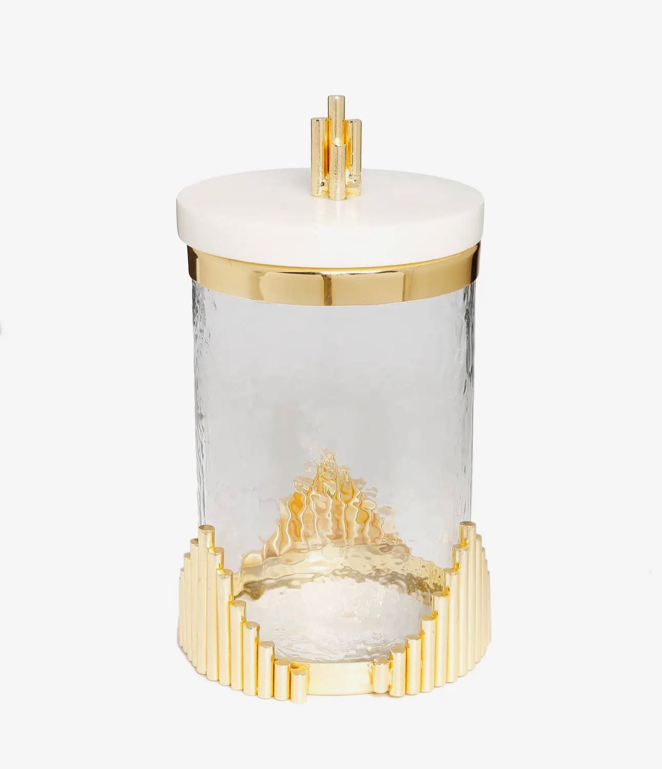 Glass Canister With Marble Lid and Symmetrical Gold Design