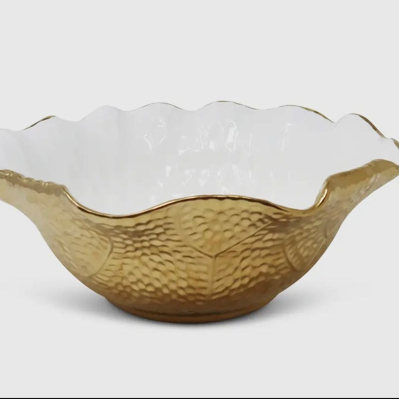 White & Gold Salad Bowl With Gold Scalloped Edge