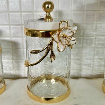 Hammered Glass Canister White Enamel and Gold Leaf Flower
