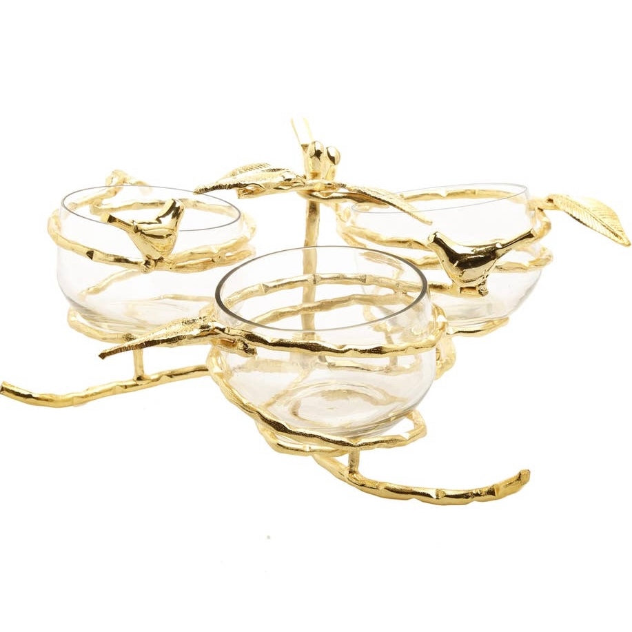 Gold Leaf 3 Bowl Relish Dish With Glass Inserts