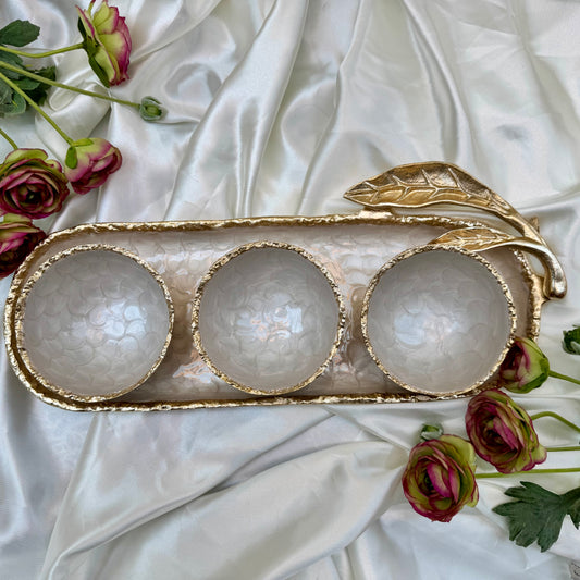 Gold And White Enamelled Tray With Three Bowl