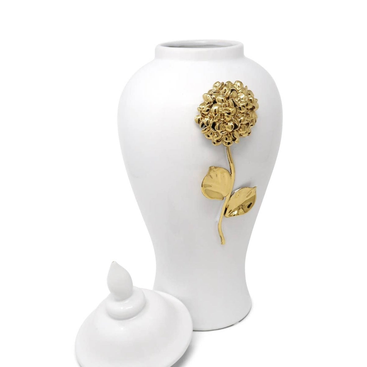 White Ginger Jar With Gold Flower Detail