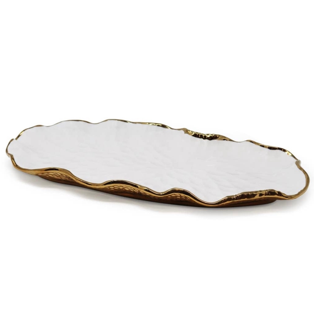 White Oval Tray With Gold Scalloped Edge