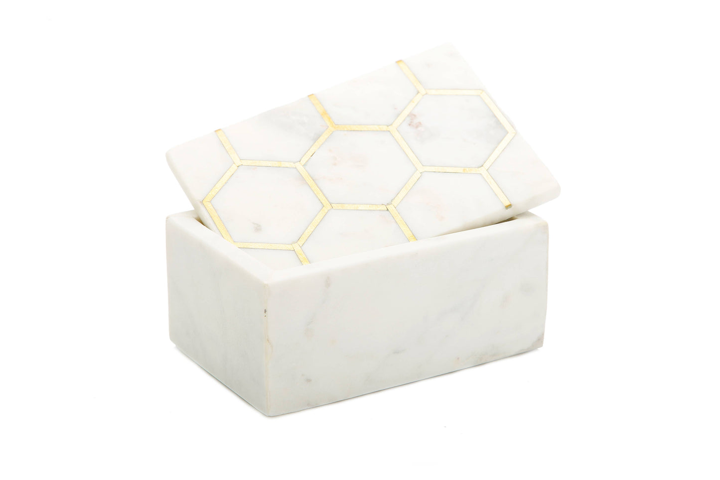 White Marble Decorative Box w/ Gold Hexagon Design on Cover