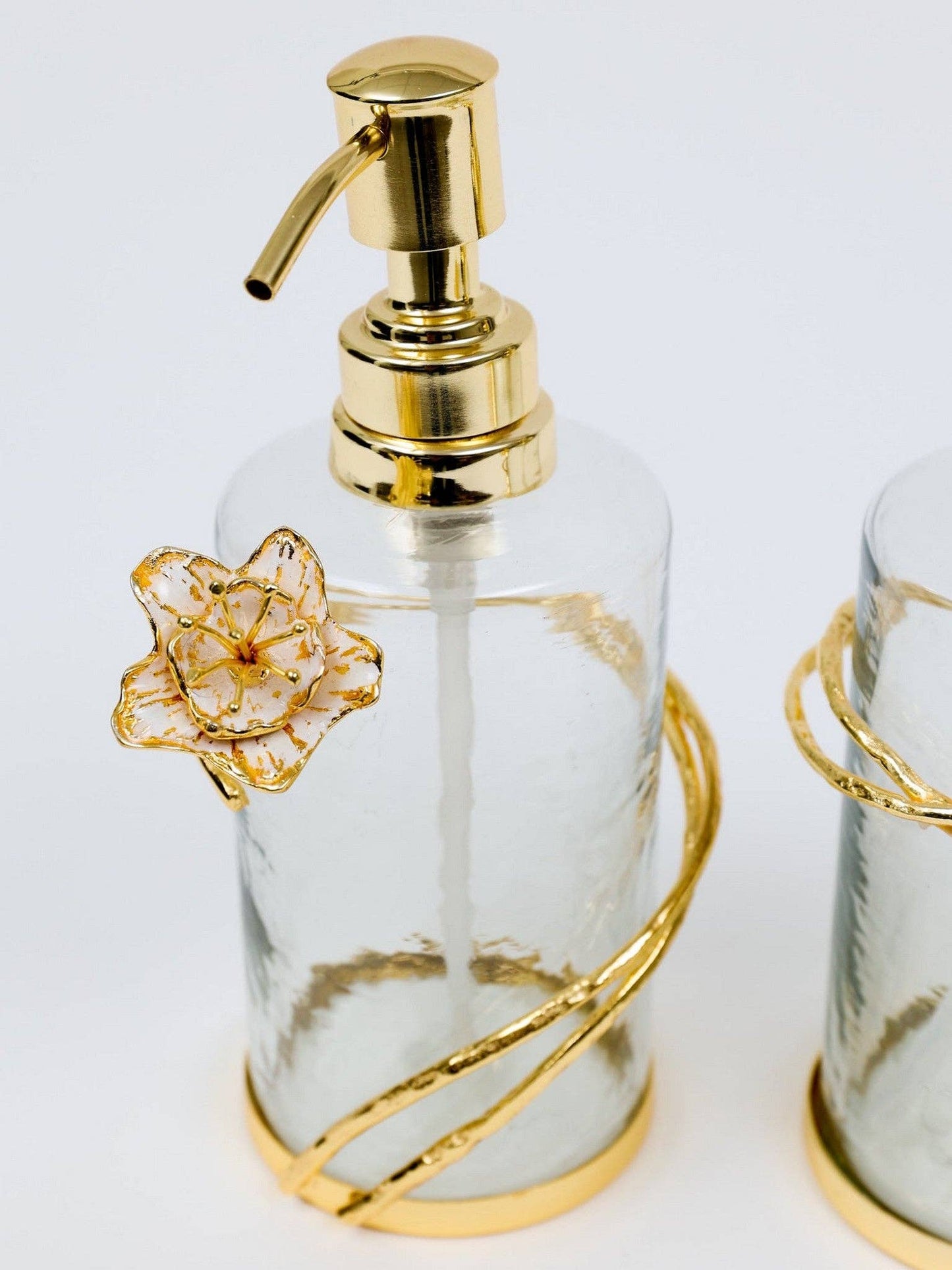 Glass Soap & Lotion Dispenser with Gold Enamel Flower Design