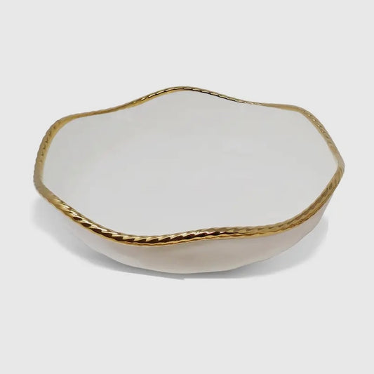 White Salad Bowl With Gold Rope Edge
