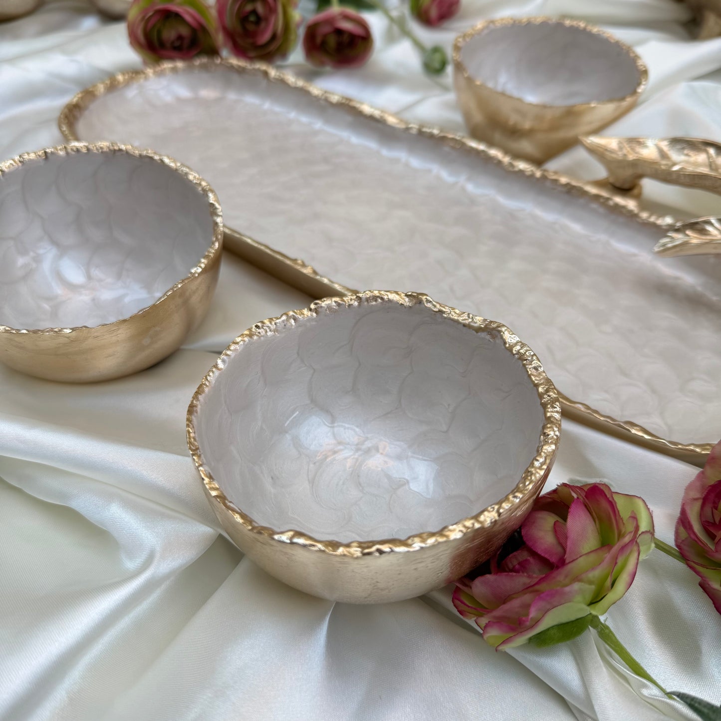 Gold And White Enamelled Tray With Three Bowl