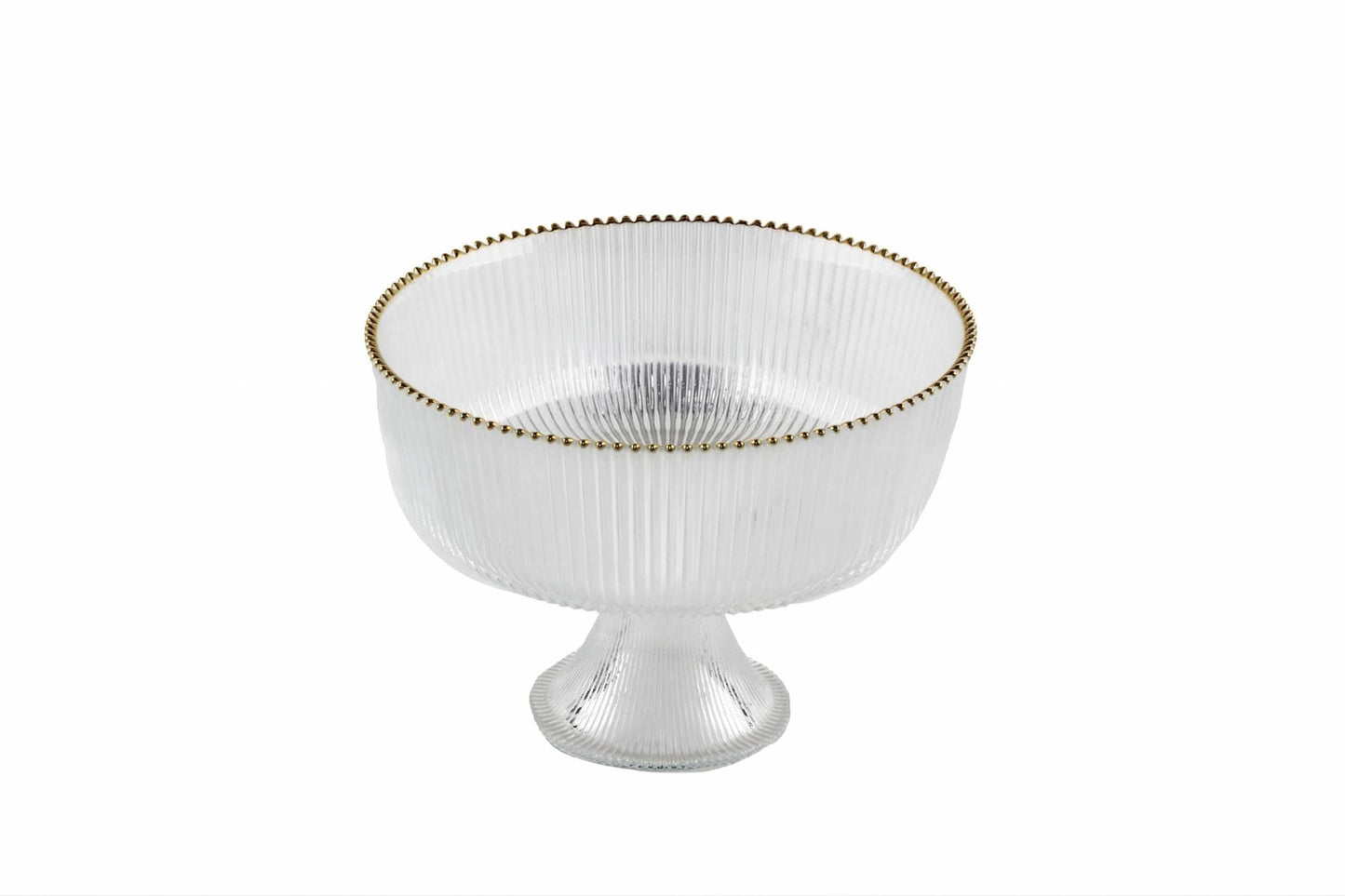 Footed Glass Salad Bowl Straight Cut, Ribbed with Gold Rim