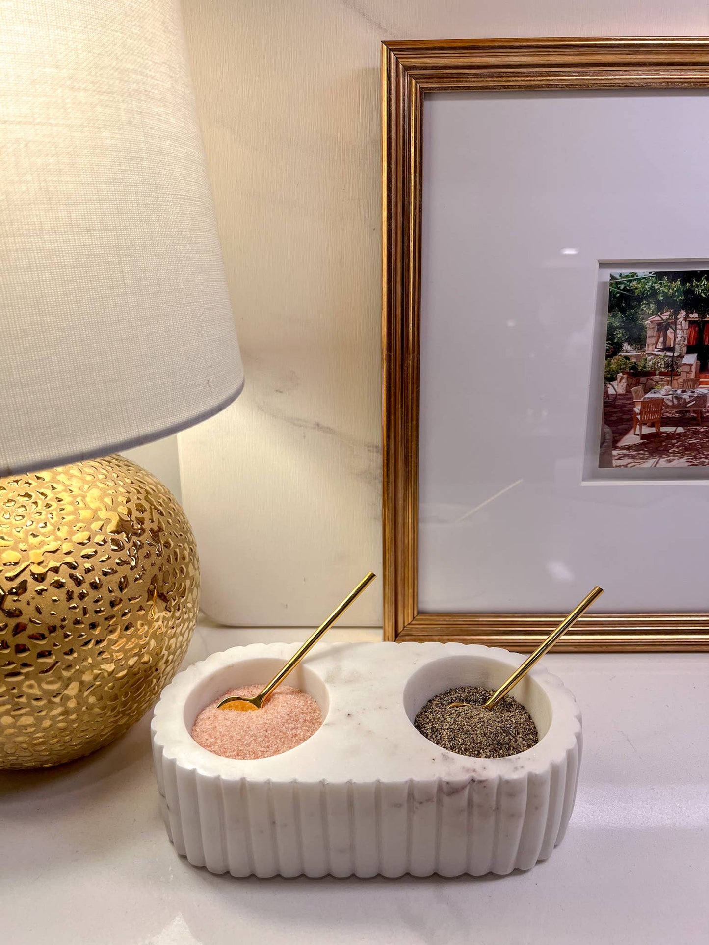 Marble Salt and Pepper Dish with Spoon