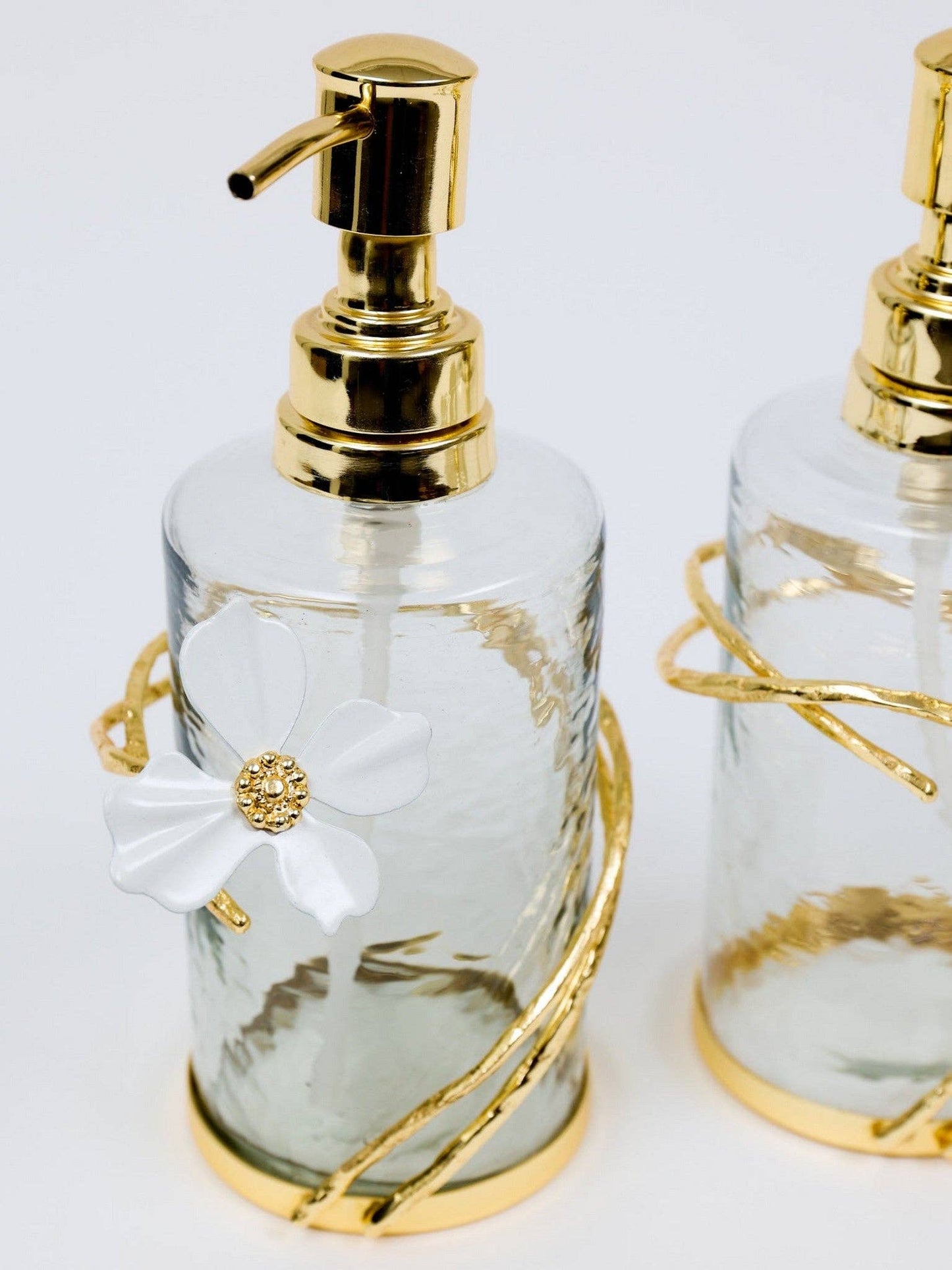 Glass Soap & Lotion Dispenser with Gold Jewel Flower Design