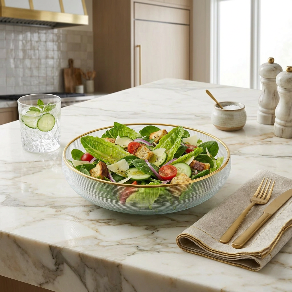 Curved Glass Bowl with Gold Rim
