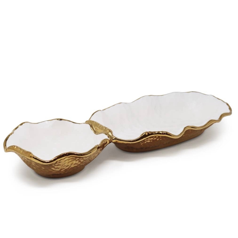 Hammered 2 Bowl Relish Dish With Gold Scalloped Edge
