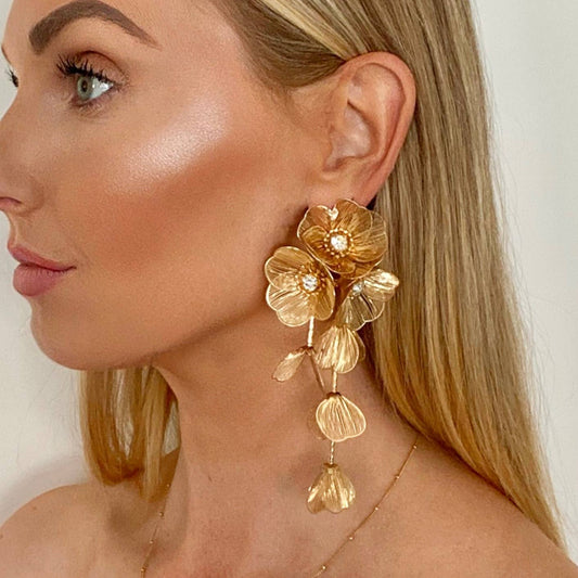 Waterfall Statement Gold Flower Drop Earrings