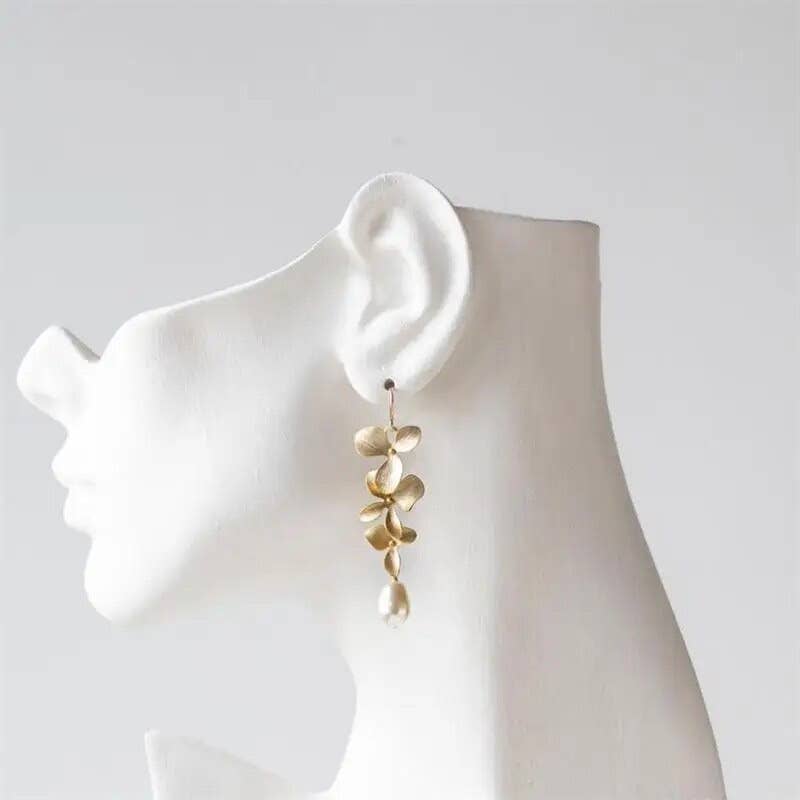 Delicate Gold Flower and Pearl Dangle Earrings