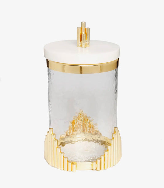 Glass Canister With Marble Lid and Symmetrical Gold Design
