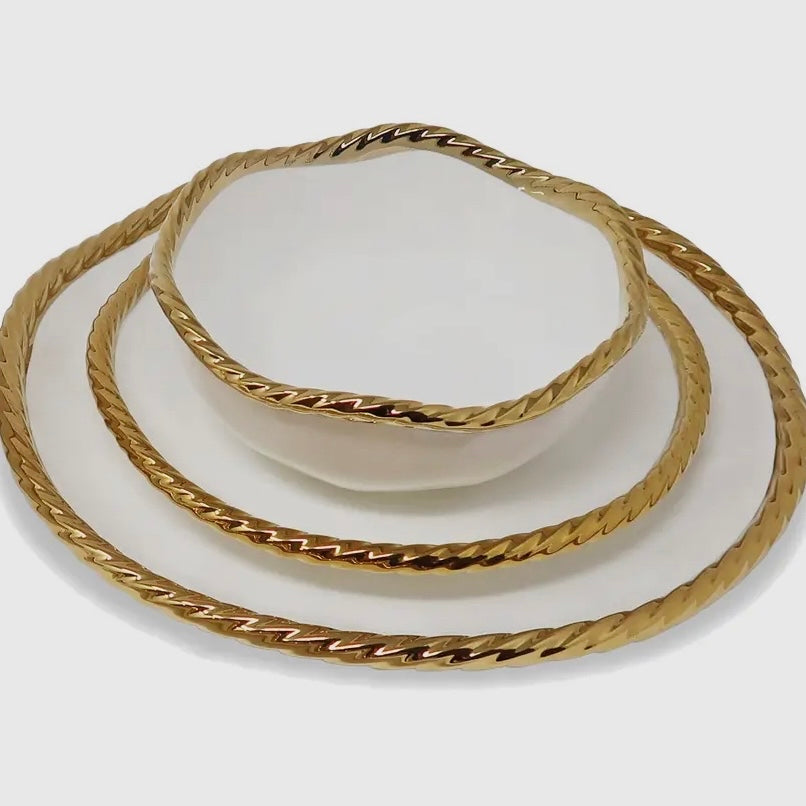 White Dinner Set With Gold Rope Edged