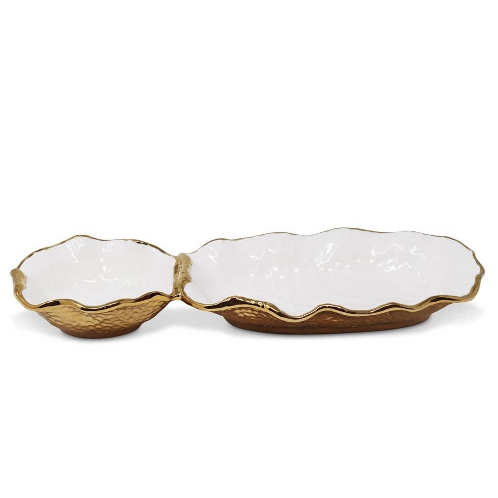 Hammered 2 Bowl Relish Dish With Gold Scalloped Edge